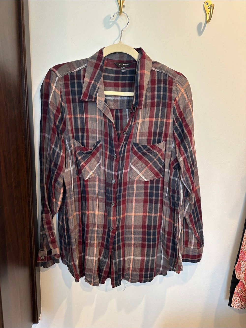 Lucky Brand Plaid Button-Down in Burgundy, Navy & Cream